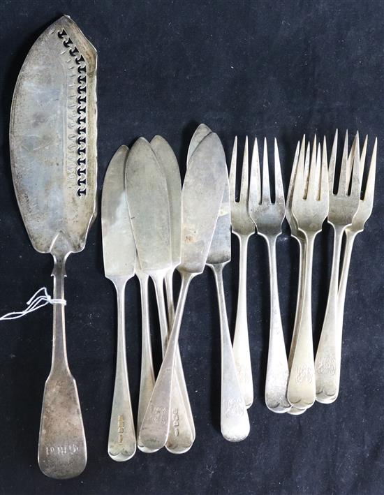 Six pairs of late Victorian silver Old English pattern fish eaters, Charles Stuart Harris and a George III silver fish slice(a.f.),